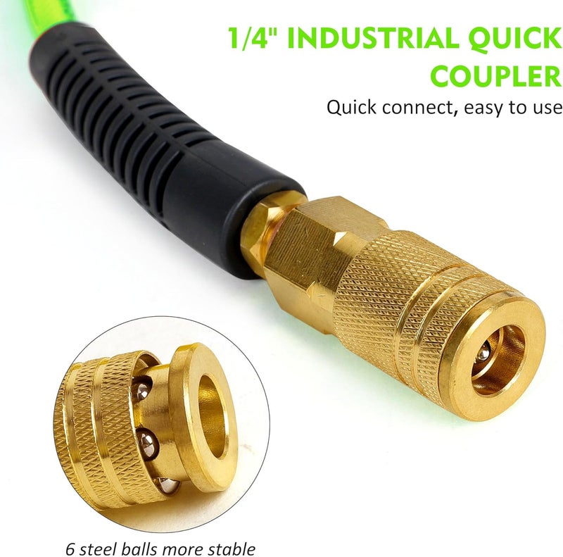 FYPower Air Compressor Hose 1/4 Inch x 50 Feet Reinforced Polyurethane (PU) Air Hose with Fittings, Bend Restrictors, 1/4" Industrial Quick Coupler and Plug Kit, Green - Image 3